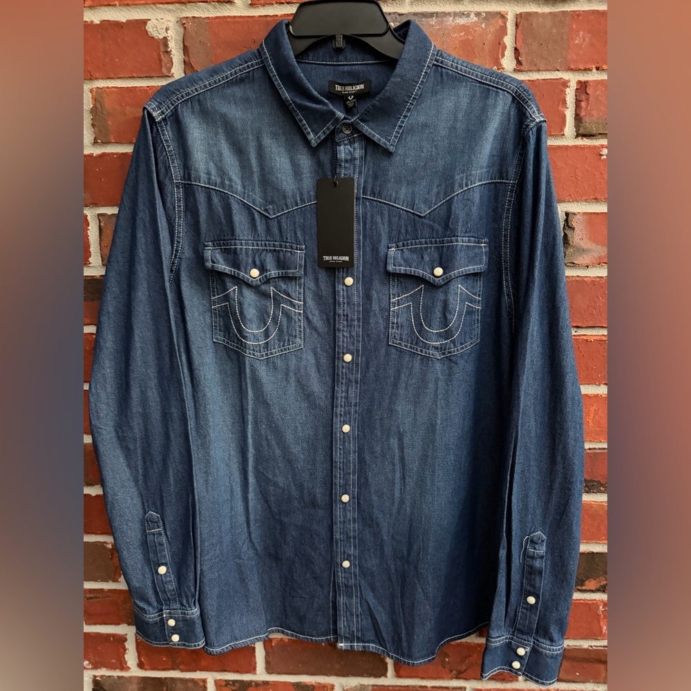 NWT True Religion HS Chambray Dark Blue Wash XXL Pearl Snap LS Western Shirt M4